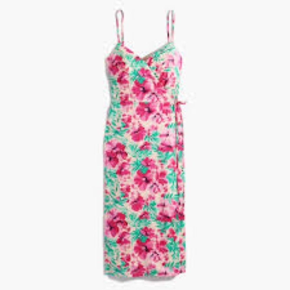 J. Crew Pink and Green Floral Spaghetti-Strap Wrap Dress